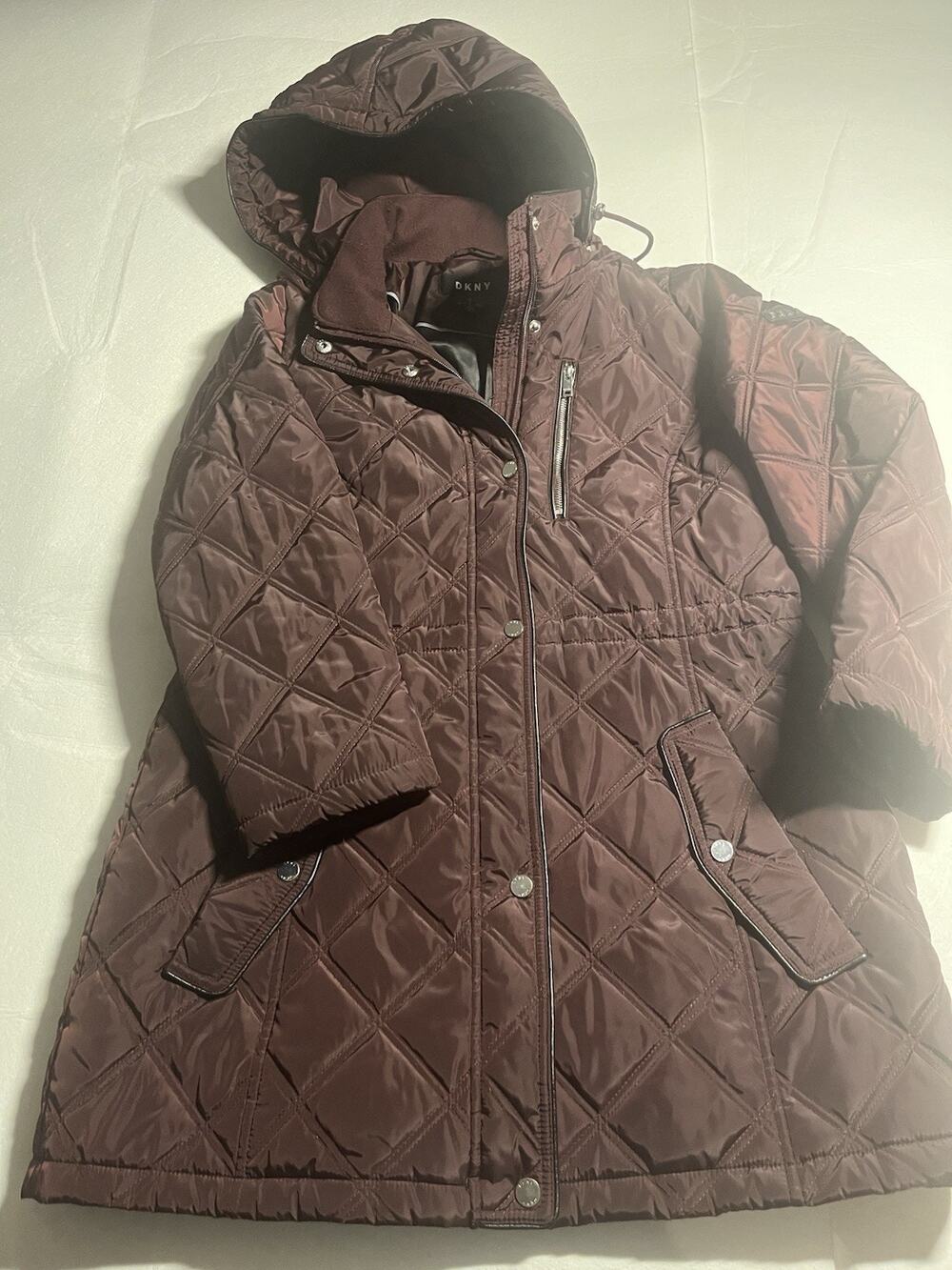 DKNY Womens XL Burgundy Quilted Hooded Coat Jacket Missing Main Zipper